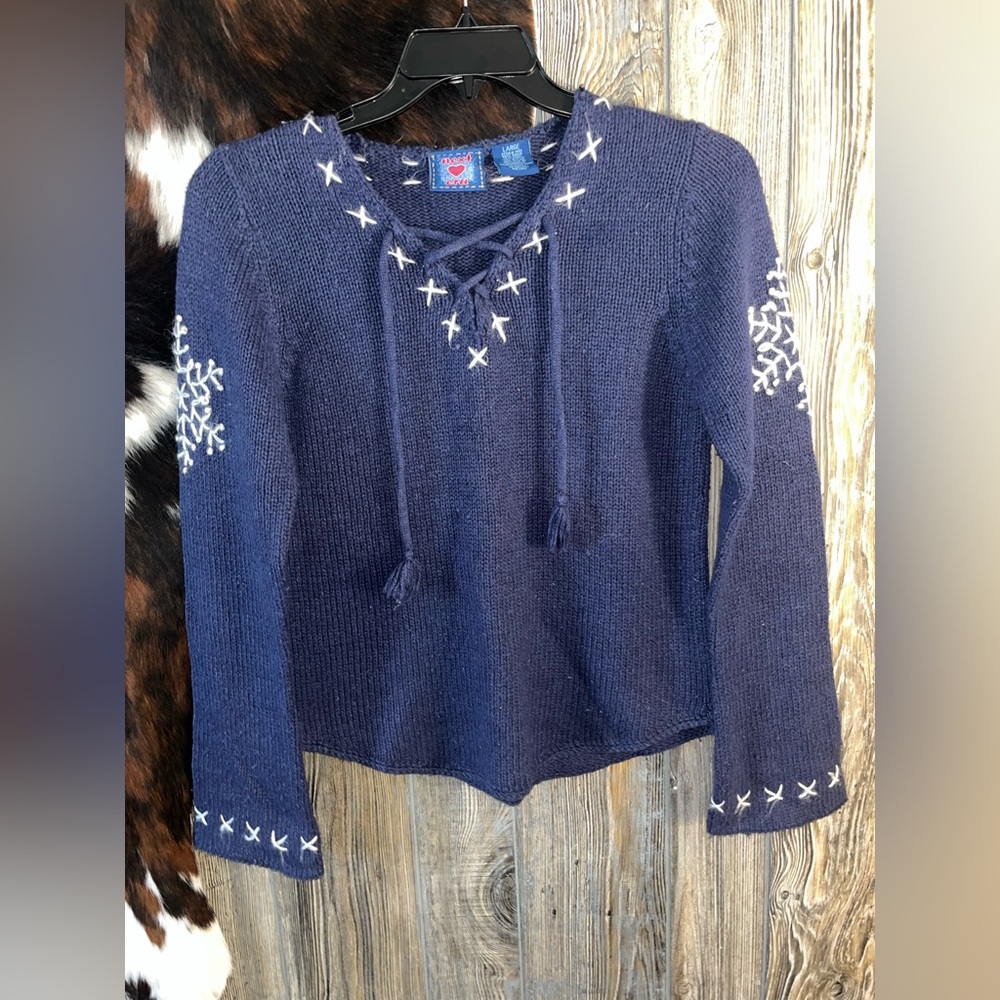 Y2K Next Era size large navy blue knitted long sleeve tassel snowflake sweater